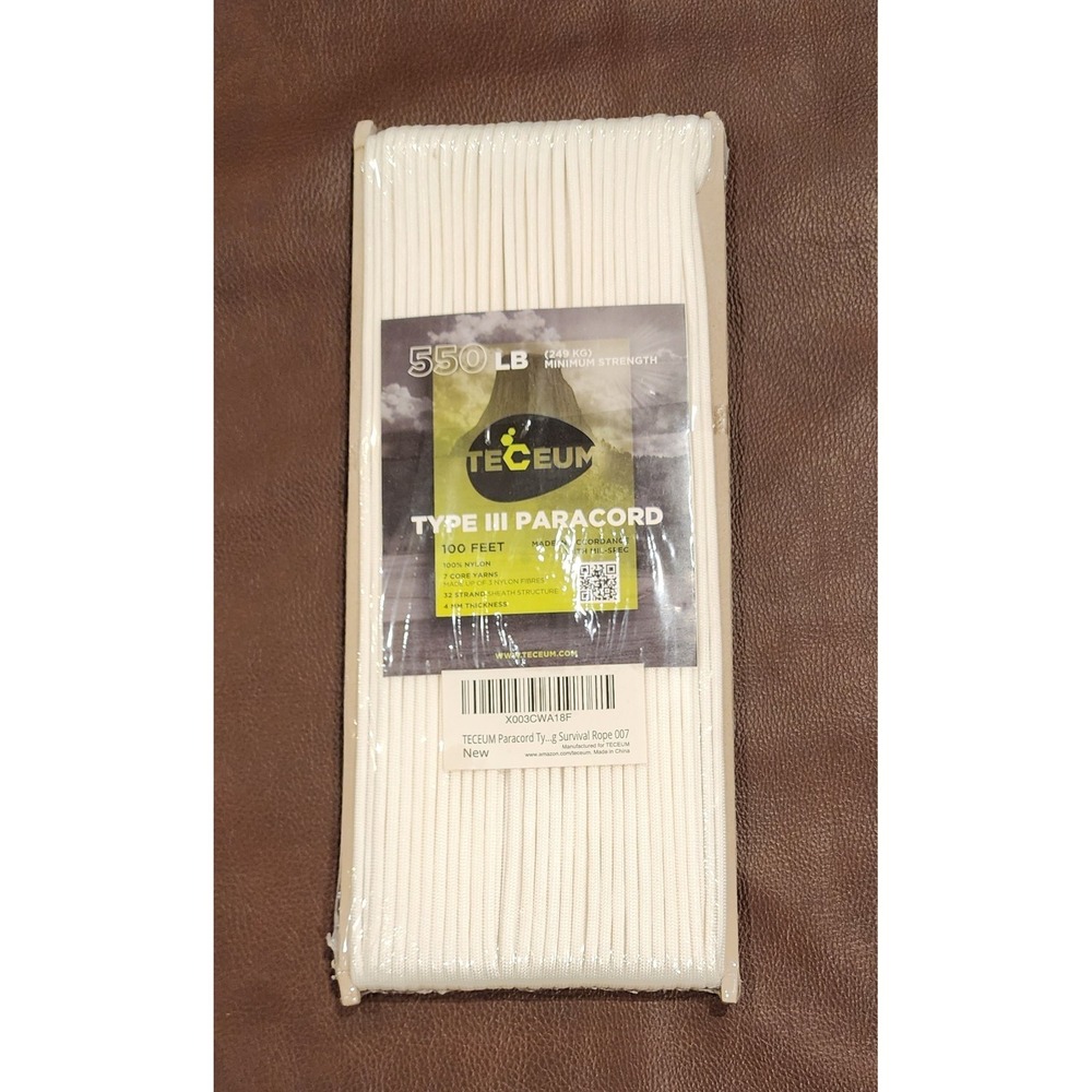 TECEUM 550lb Type III Paracord White‎ 100ft Camping Survival Utility Cord